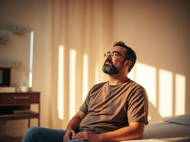 Homem em recuperação sentado em sala de terapia iluminada