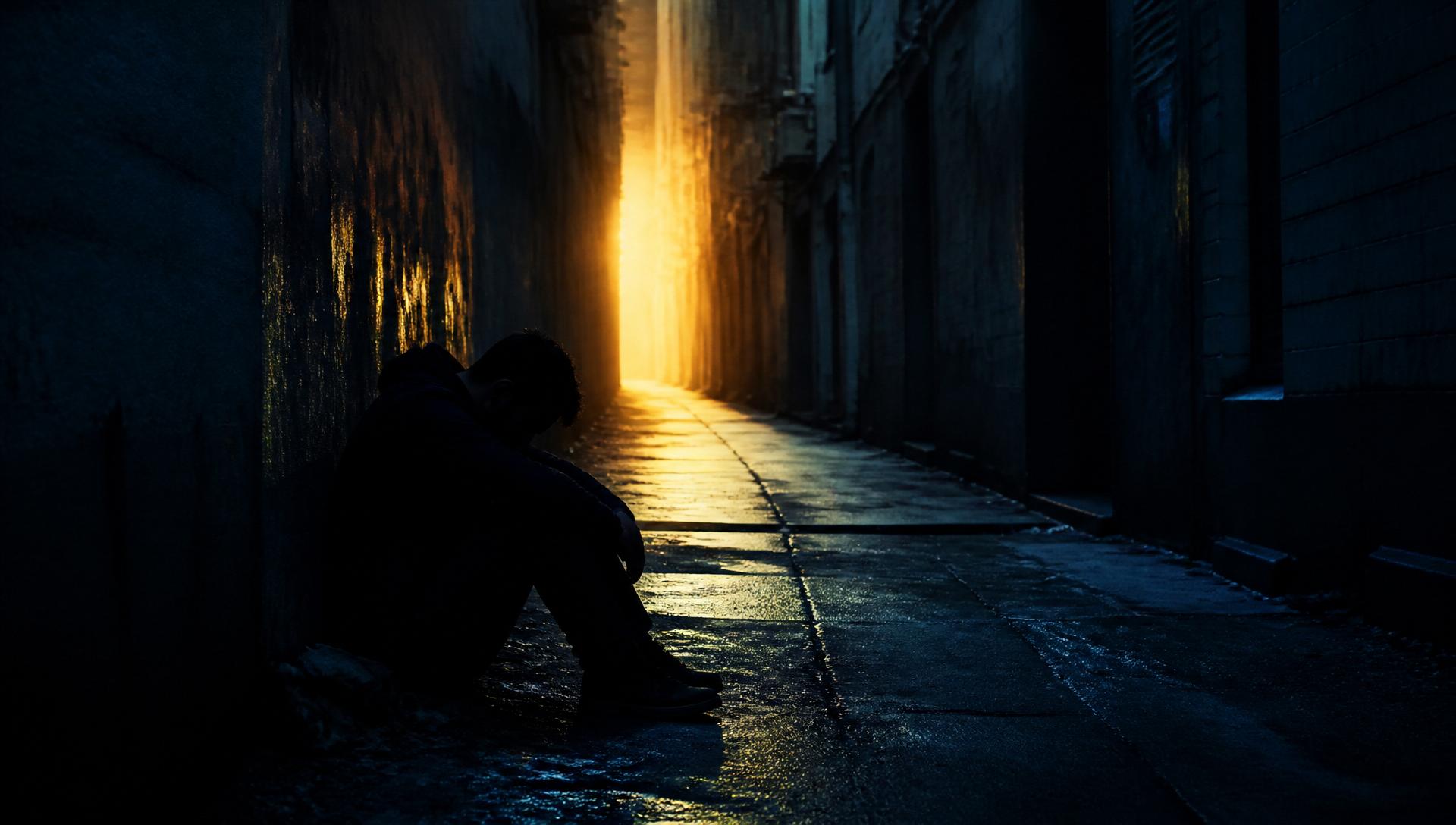 Silhueta de um homem sozinho em um beco escuro com uma luz dourada ao fundo, simbolizando esperança em meio à dependência