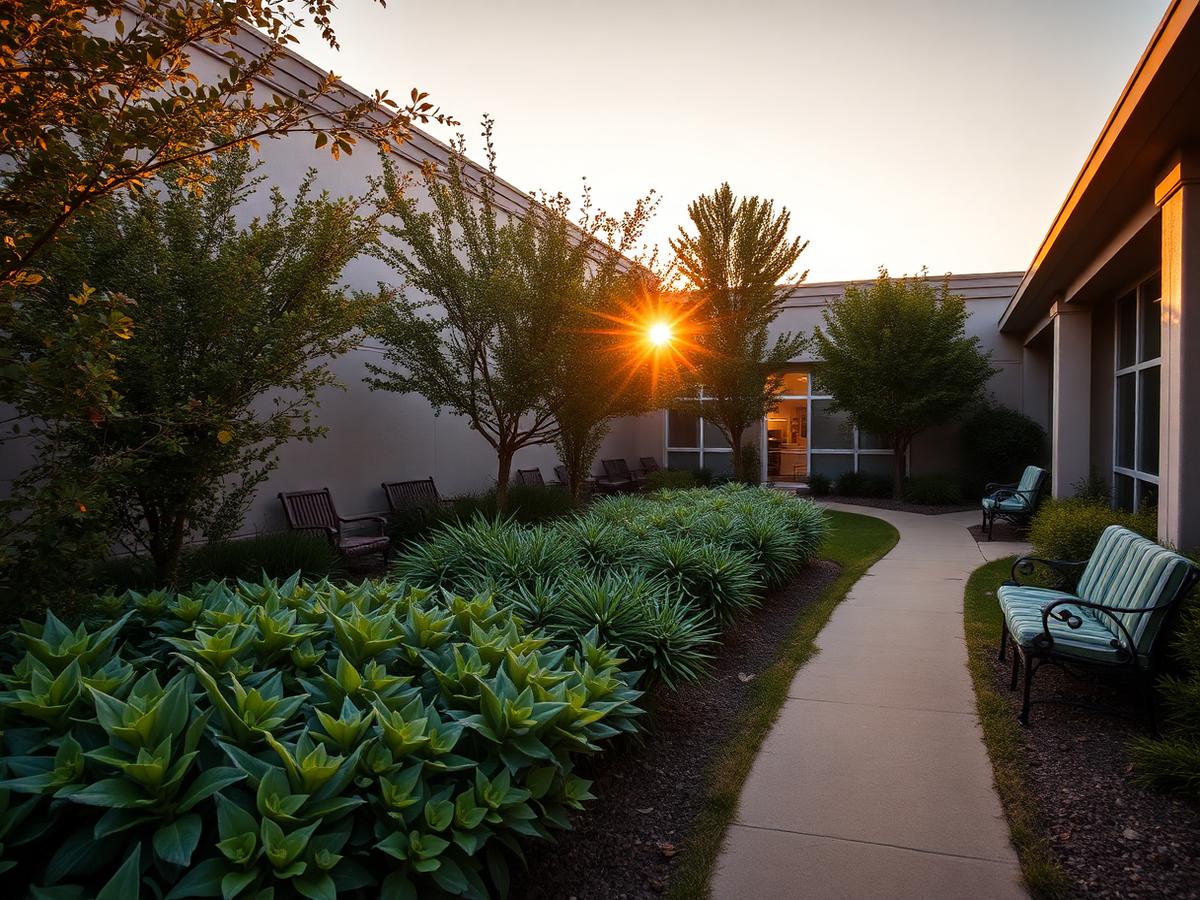 Jardim tranquilo de unidade de recuperação ao entardecer, com caminho iluminado pelo sol